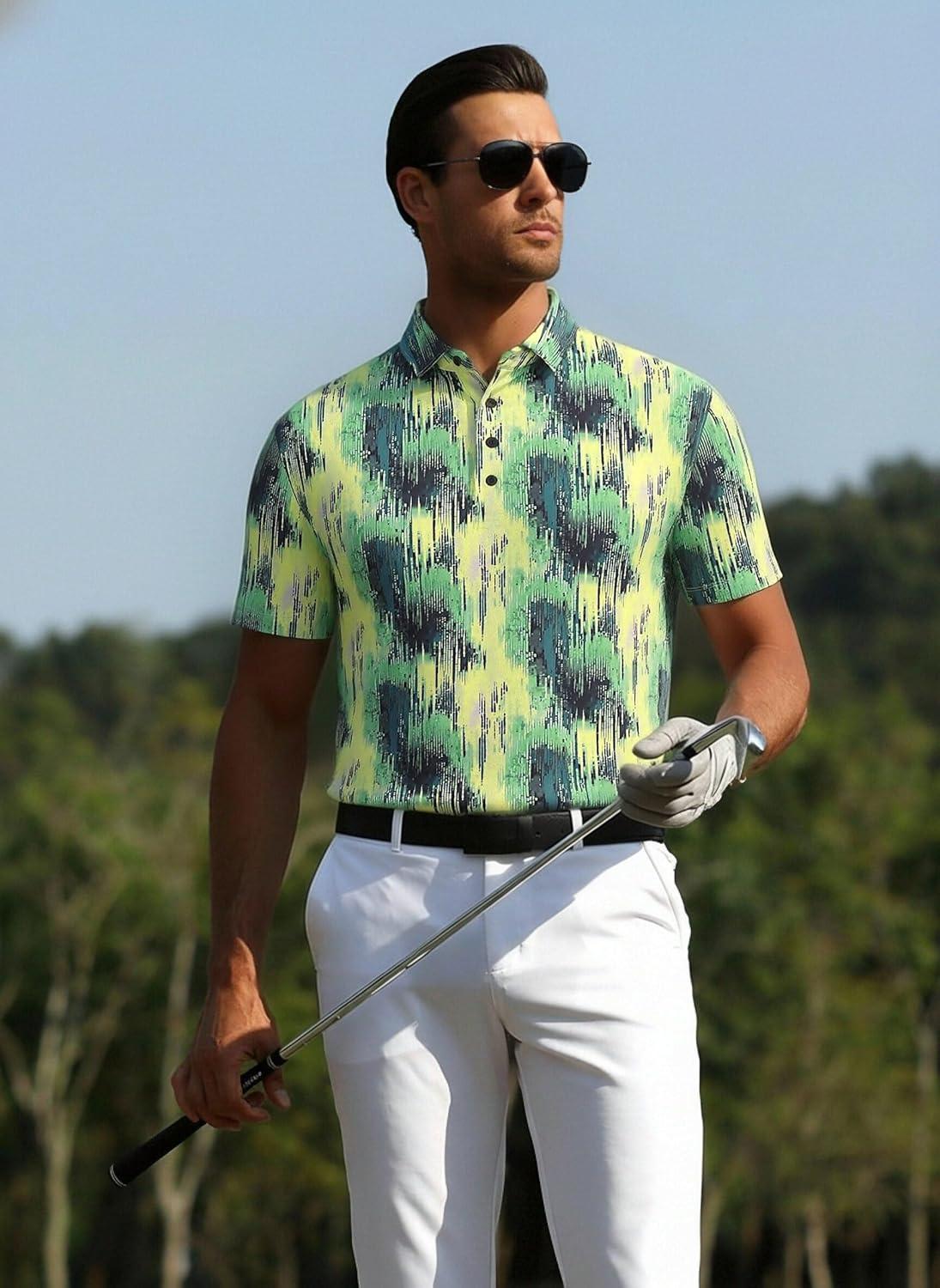 imageAlex Vando Mens Golf Shirts Moisture Wicking QuickDry Short Sleeve Casual Print Collared Polo Shirts for MenYellowgreeniridescent