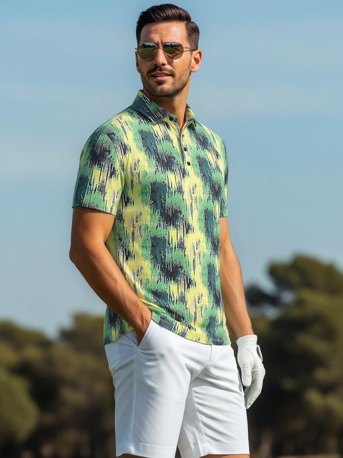 imageAlex Vando Mens Golf Shirts Moisture Wicking QuickDry Short Sleeve Casual Print Collared Polo Shirts for MenYellowgreeniridescent