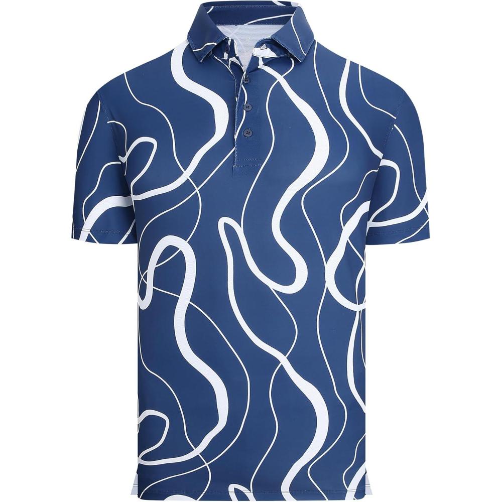 imageAlex Vando Mens Golf Shirts Moisture Wicking QuickDry Short Sleeve Casual Print Collared Polo Shirts for MenDarkbluewhiteline