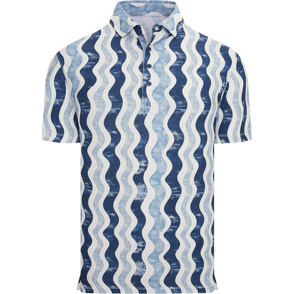 imageAlex Vando Mens Golf Shirts Moisture Wicking QuickDry Short Sleeve Casual Print Collared Polo Shirts for MenNavybeigewave