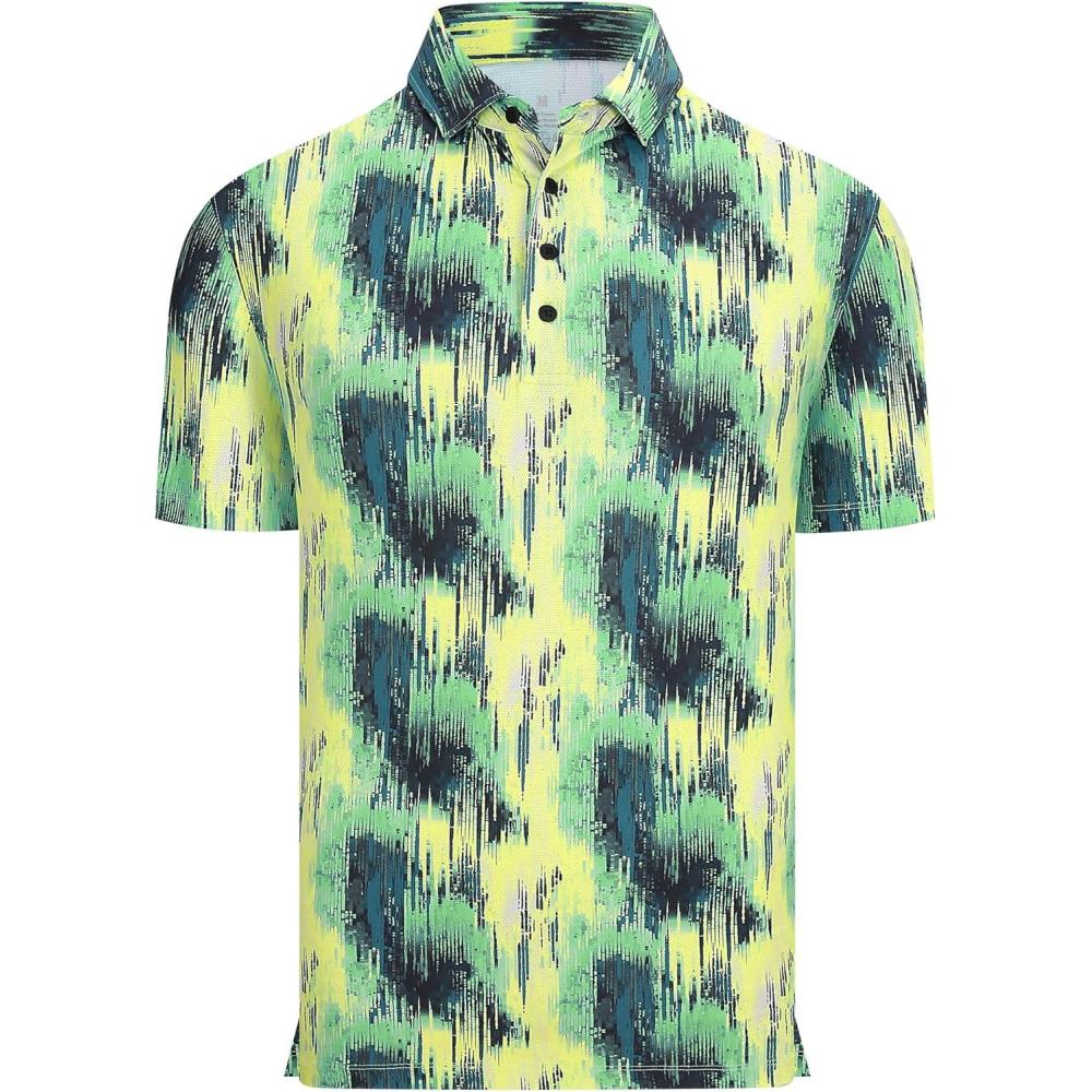 imageAlex Vando Mens Golf Shirts Moisture Wicking QuickDry Short Sleeve Casual Print Collared Polo Shirts for MenYellowgreeniridescent