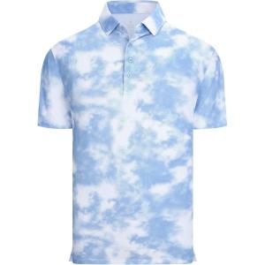 Alex Vando Mens Golf Shirts Moisture Wicking Quick-Dry Short Sleeve Casual Print Collared Polo Shirts for Men(Bluewhitecloud)
