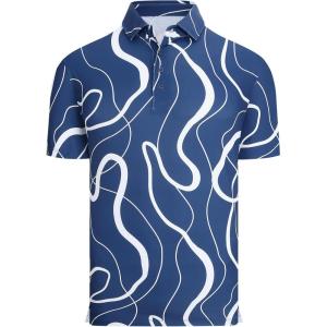 Alex Vando Mens Golf Shirts Moisture Wicking Quick-Dry Short Sleeve Casual Print Collared Polo Shirts for Men(Darkbluewhiteline)