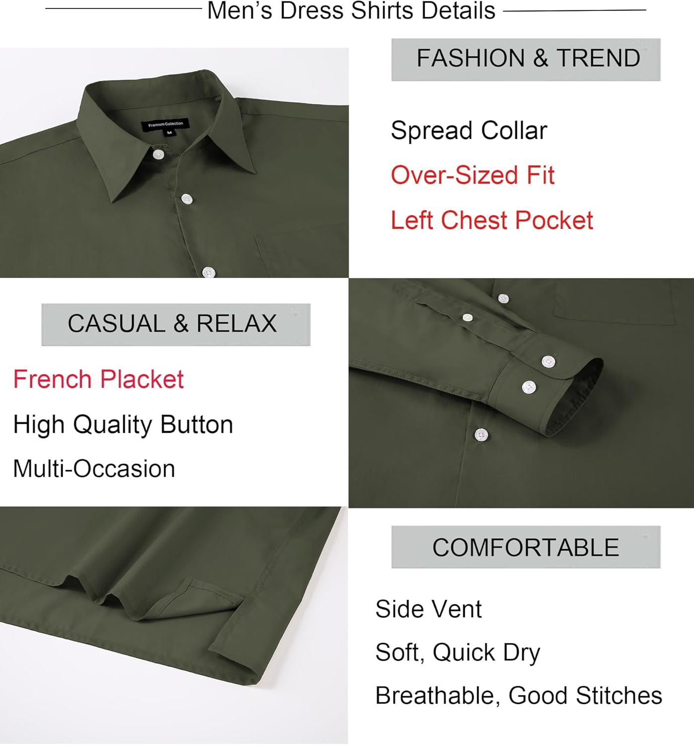 imageAlex Vando Mens Oversized Dress Shirts Solid Color Long Sleeve Silky Cotton Boxy Casual ShirtArmy
