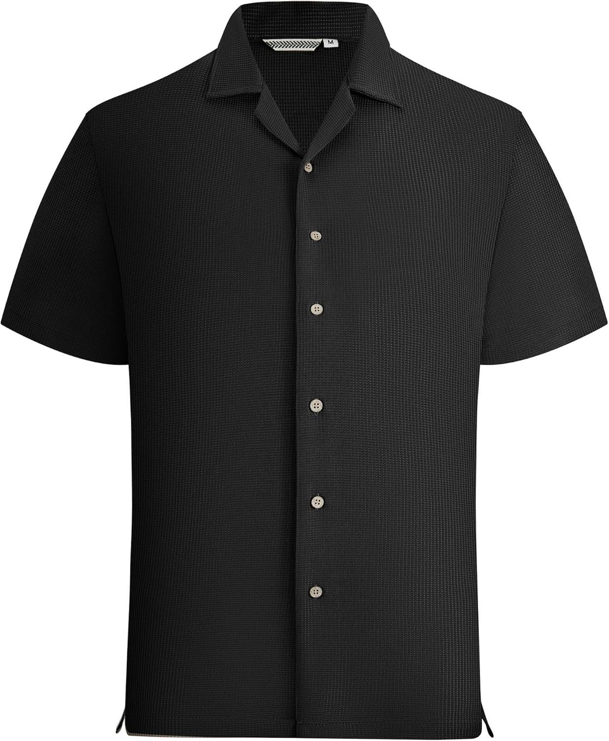 imageAlex Vando Mens Waffle Knit 2Piece Set Short Sleeve Camp Collar Shirt amp Drawstring Shorts Casual Summer OutfitBlack
