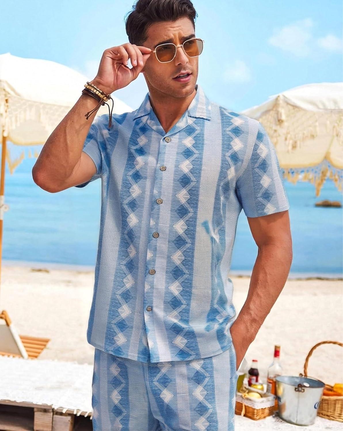 imageAlex Vando Mens Waffle Knit 2Piece Set Short Sleeve Camp Collar Shirt amp Drawstring Shorts Casual Summer OutfitBlue Diamond