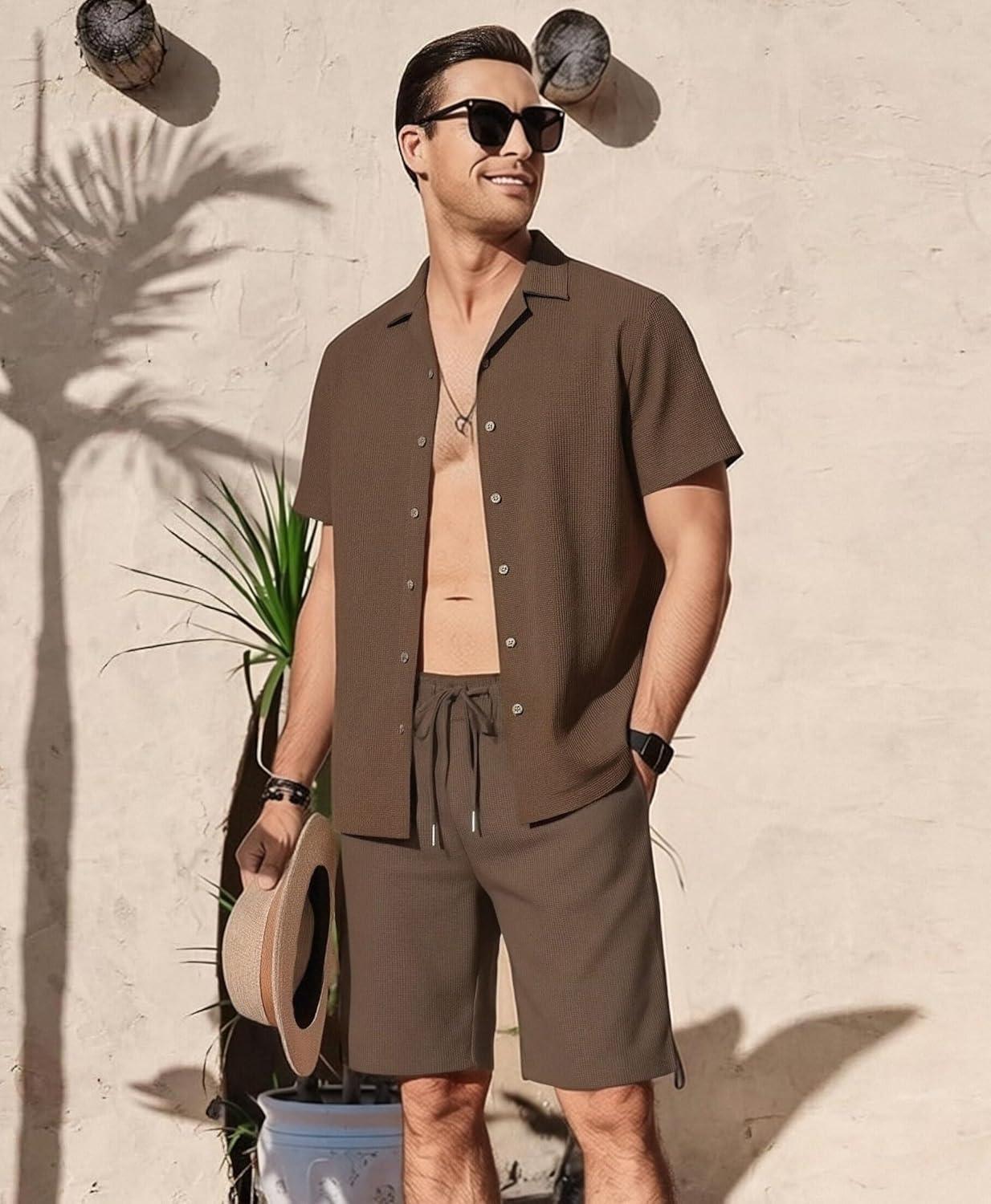 imageAlex Vando Mens Waffle Knit 2Piece Set Short Sleeve Camp Collar Shirt amp Drawstring Shorts Casual Summer OutfitBrown