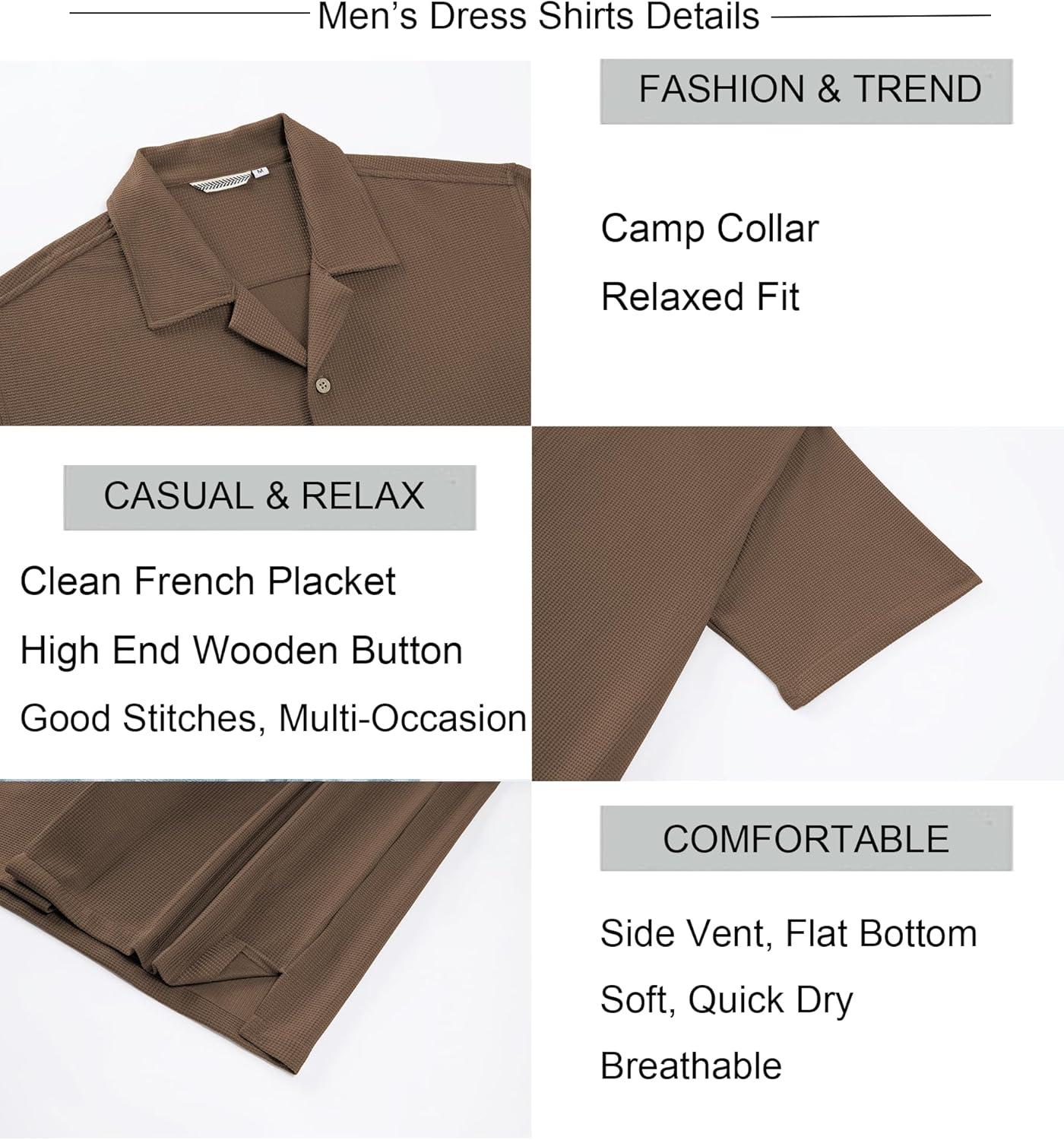 imageAlex Vando Mens Waffle Knit 2Piece Set Short Sleeve Camp Collar Shirt amp Drawstring Shorts Casual Summer OutfitBrown