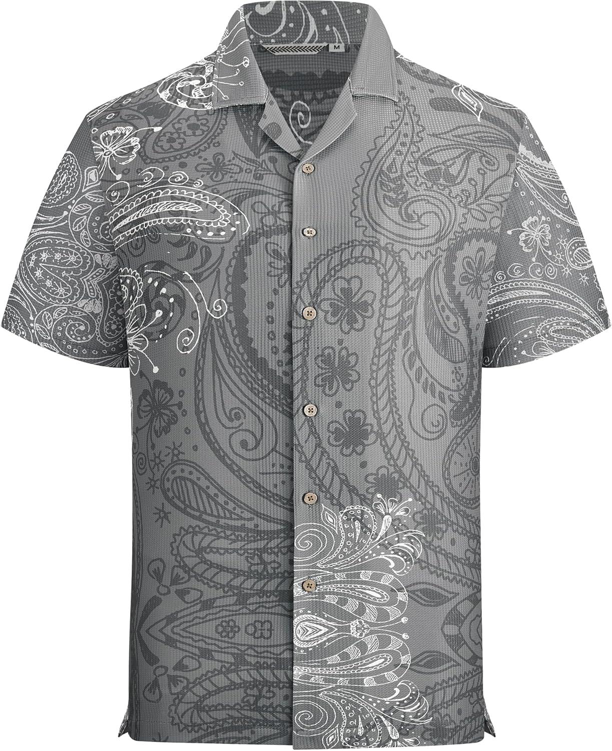 imageAlex Vando Mens Waffle Knit 2Piece Set Short Sleeve Camp Collar Shirt amp Drawstring Shorts Casual Summer OutfitGrey Paisley