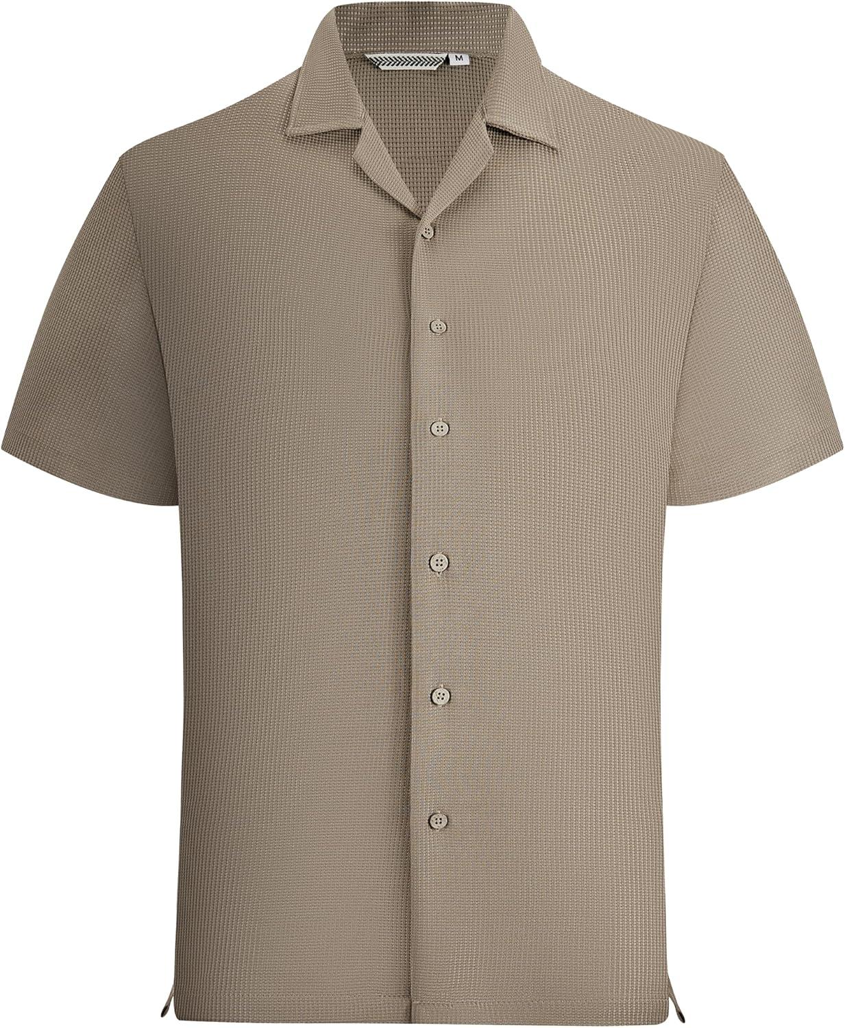 imageAlex Vando Mens Waffle Knit 2Piece Set Short Sleeve Camp Collar Shirt amp Drawstring Shorts Casual Summer OutfitKhaki