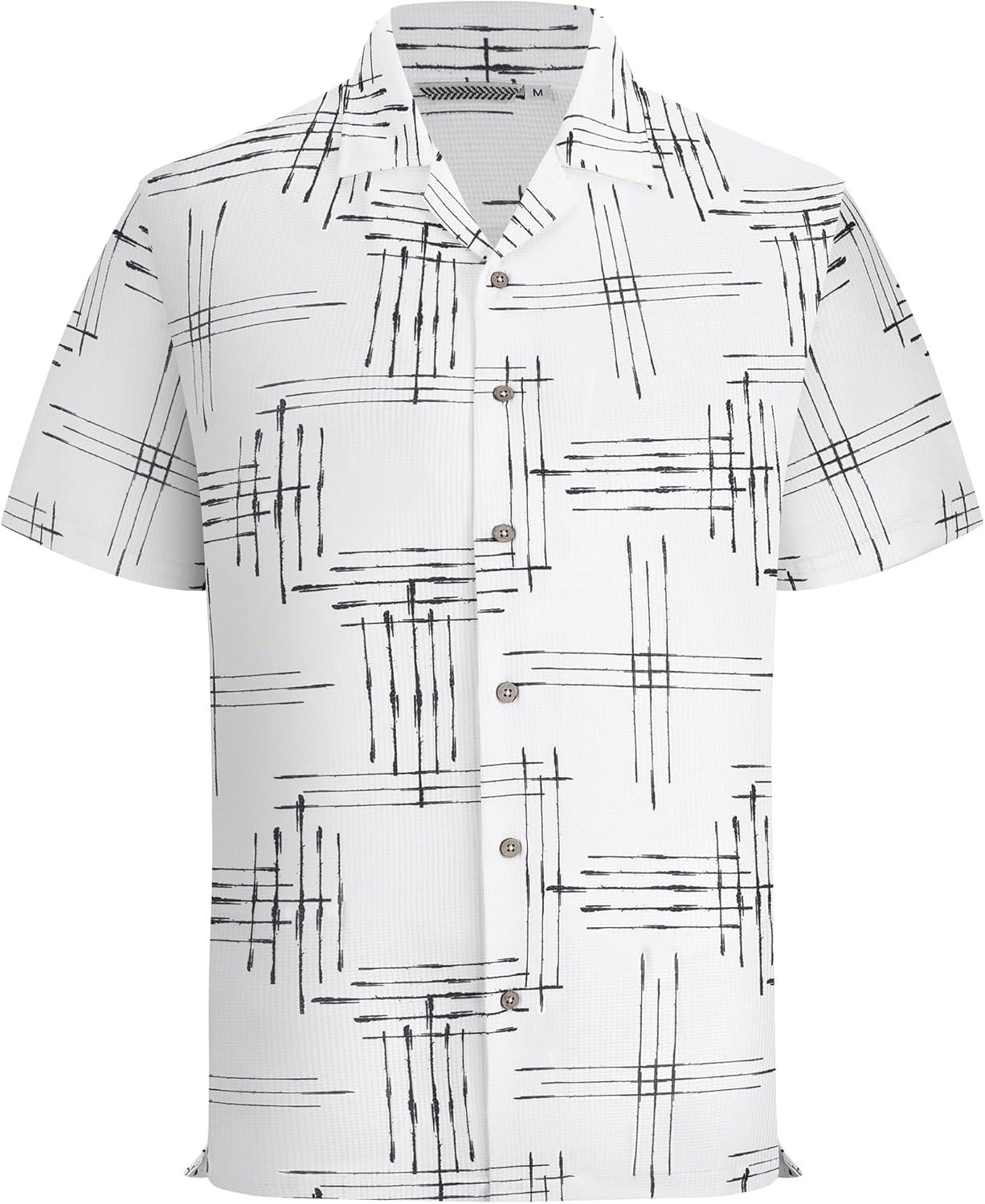imageAlex Vando Mens Waffle Knit 2Piece Set Short Sleeve Camp Collar Shirt amp Drawstring Shorts Casual Summer OutfitWhite Line