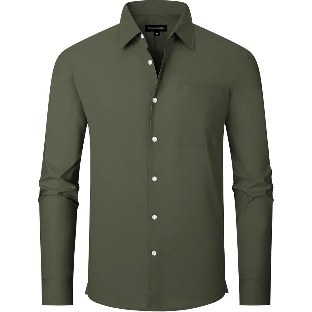 imageAlex Vando Mens Oversized Dress Shirts Solid Color Long Sleeve Silky Cotton Boxy Casual ShirtArmy