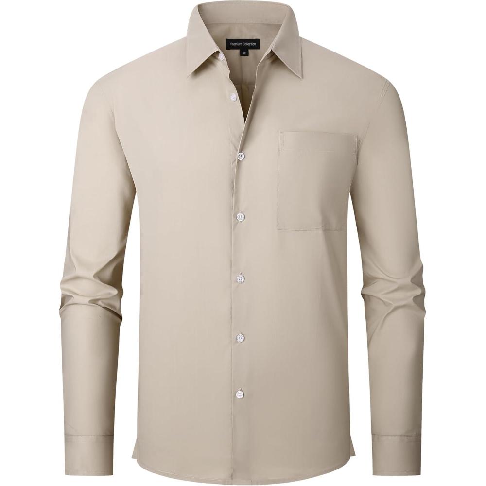 imageAlex Vando Mens Oversized Dress Shirts Solid Color Long Sleeve Silky Cotton Boxy Casual ShirtKhaki
