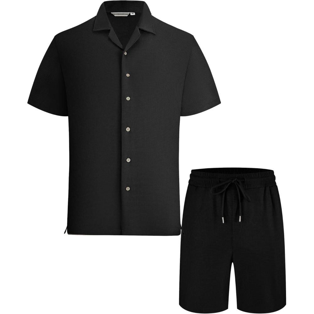 imageAlex Vando Mens Waffle Knit 2Piece Set Short Sleeve Camp Collar Shirt amp Drawstring Shorts Casual Summer OutfitBlack