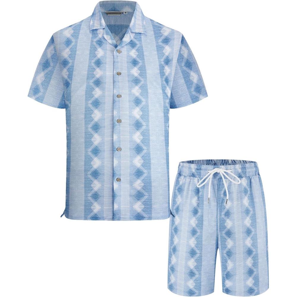 imageAlex Vando Mens Waffle Knit 2Piece Set Short Sleeve Camp Collar Shirt amp Drawstring Shorts Casual Summer OutfitBlue Diamond