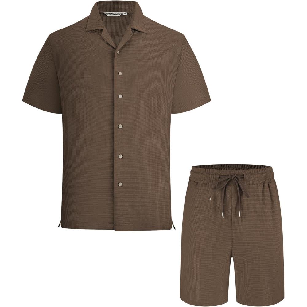 imageAlex Vando Mens Waffle Knit 2Piece Set Short Sleeve Camp Collar Shirt amp Drawstring Shorts Casual Summer OutfitBrown
