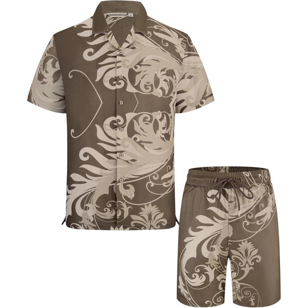 imageAlex Vando Mens Waffle Knit 2Piece Set Short Sleeve Camp Collar Shirt amp Drawstring Shorts Casual Summer OutfitBrown Leaf