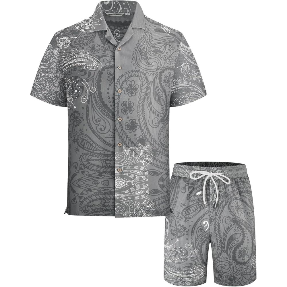 imageAlex Vando Mens Waffle Knit 2Piece Set Short Sleeve Camp Collar Shirt amp Drawstring Shorts Casual Summer OutfitGrey Paisley