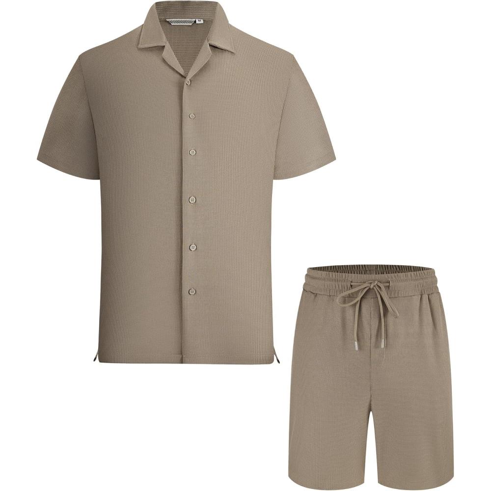imageAlex Vando Mens Waffle Knit 2Piece Set Short Sleeve Camp Collar Shirt amp Drawstring Shorts Casual Summer OutfitKhaki