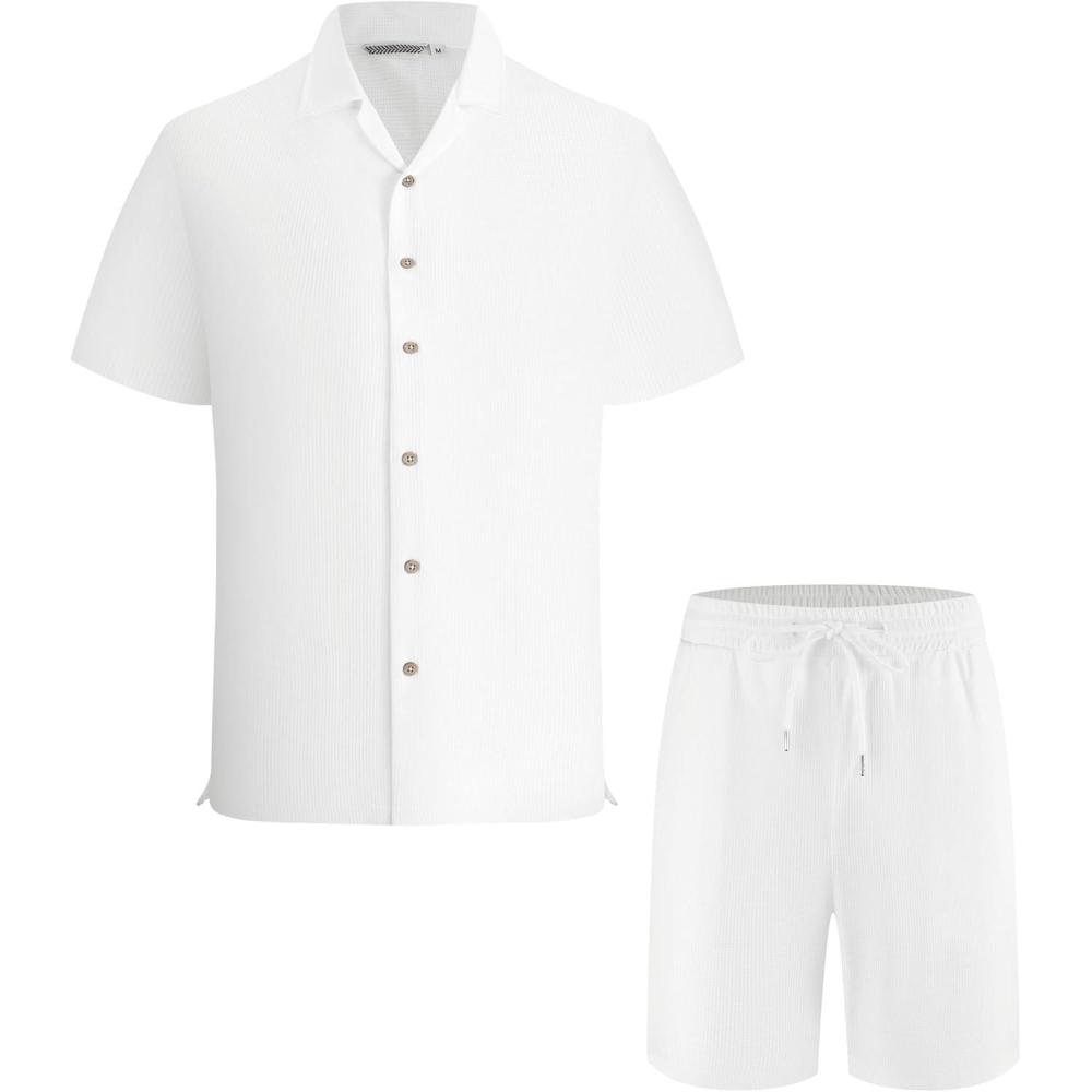 imageAlex Vando Mens Waffle Knit 2Piece Set Short Sleeve Camp Collar Shirt amp Drawstring Shorts Casual Summer OutfitWhite
