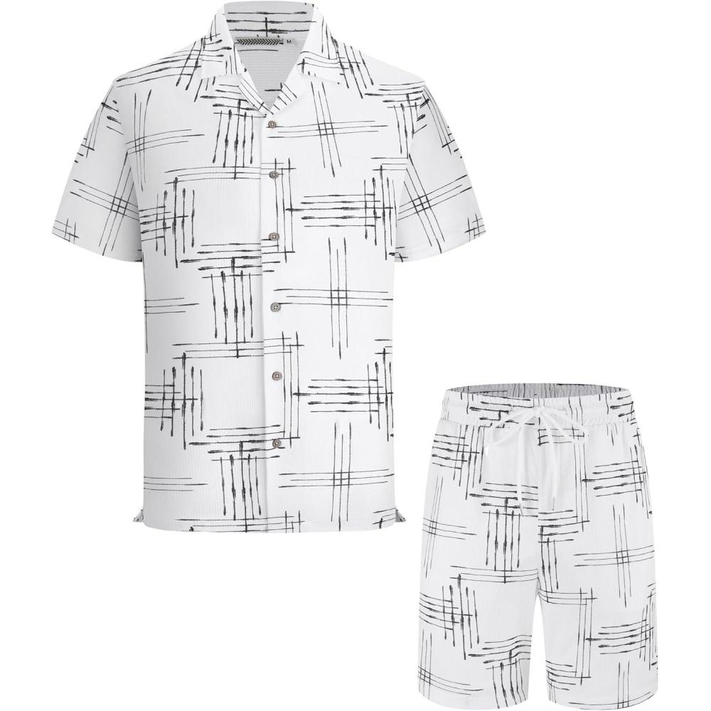 imageAlex Vando Mens Waffle Knit 2Piece Set Short Sleeve Camp Collar Shirt amp Drawstring Shorts Casual Summer OutfitWhite Line