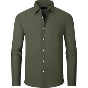 Alex Vando Men’s Oversized Dress Shirts Solid Color Long Sleeve Silky Cotton Boxy Casual Shirt(Army)