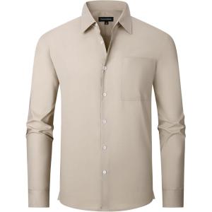 Alex Vando Men’s Oversized Dress Shirts Solid Color Long Sleeve Silky Cotton Boxy Casual Shirt(Khaki)