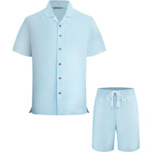 Alex Vando Men’s Waffle Knit 2-Piece Set, Short Sleeve Camp Collar Shirt & Drawstring Shorts, Casual Summer Outfit(Blue Line)