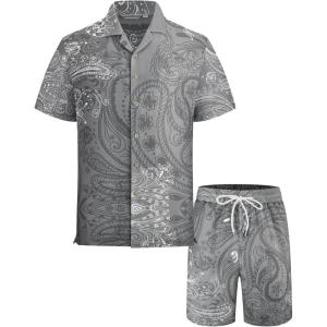 Alex Vando Men’s Waffle Knit 2-Piece Set, Short Sleeve Camp Collar Shirt & Drawstring Shorts, Casual Summer Outfit(Grey Paisley)