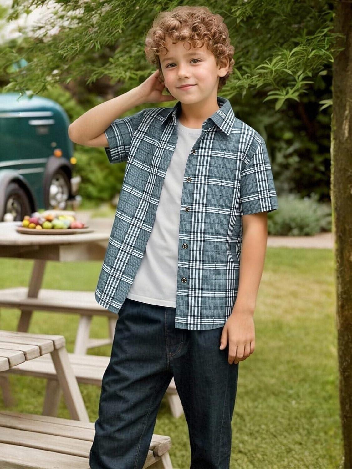 imageAlex Vando Boys Button Down Shirts Short Sleeve Wrinkle Free 4Way Stretch Print Casual Shirt13 Dustyblue White