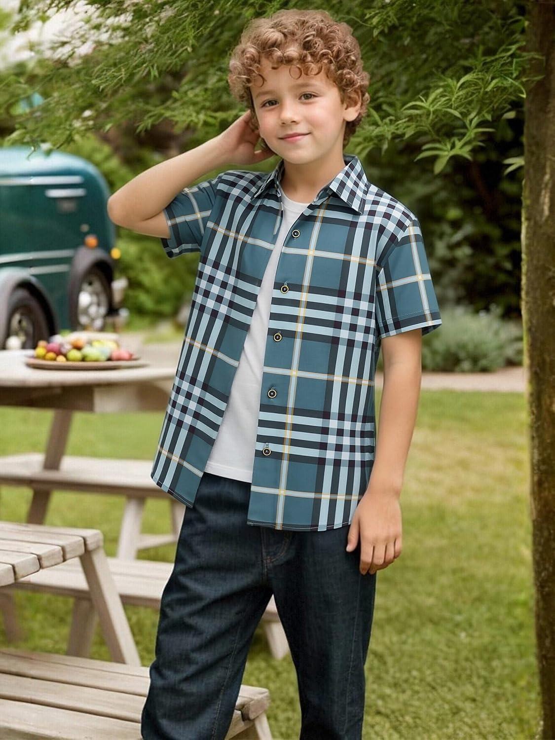 imageAlex Vando Boys Button Down Shirts Short Sleeve Wrinkle Free 4Way Stretch Print Casual Shirt29 DustyblueWhite