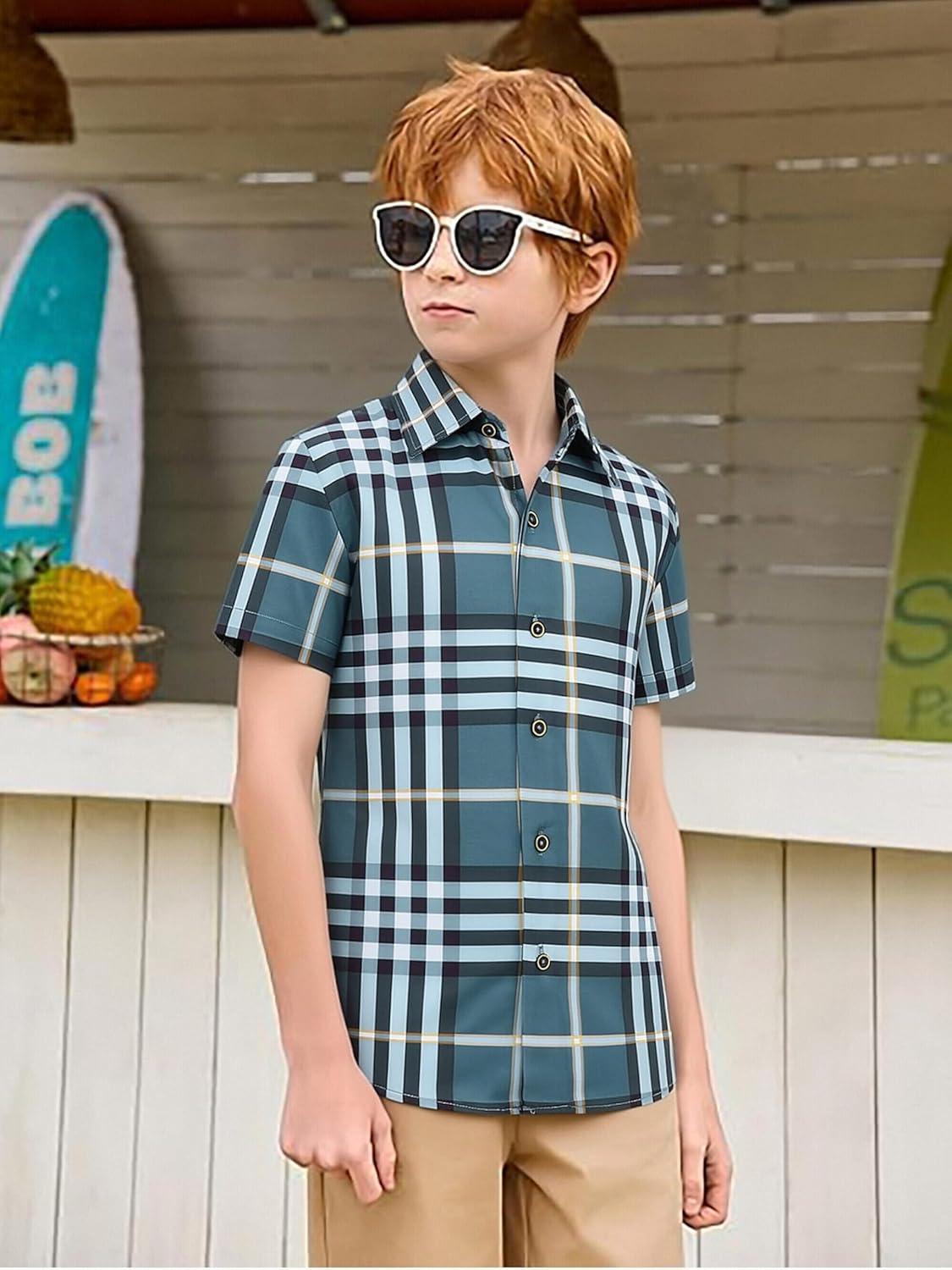 imageAlex Vando Boys Button Down Shirts Short Sleeve Wrinkle Free 4Way Stretch Print Casual Shirt29 DustyblueWhite