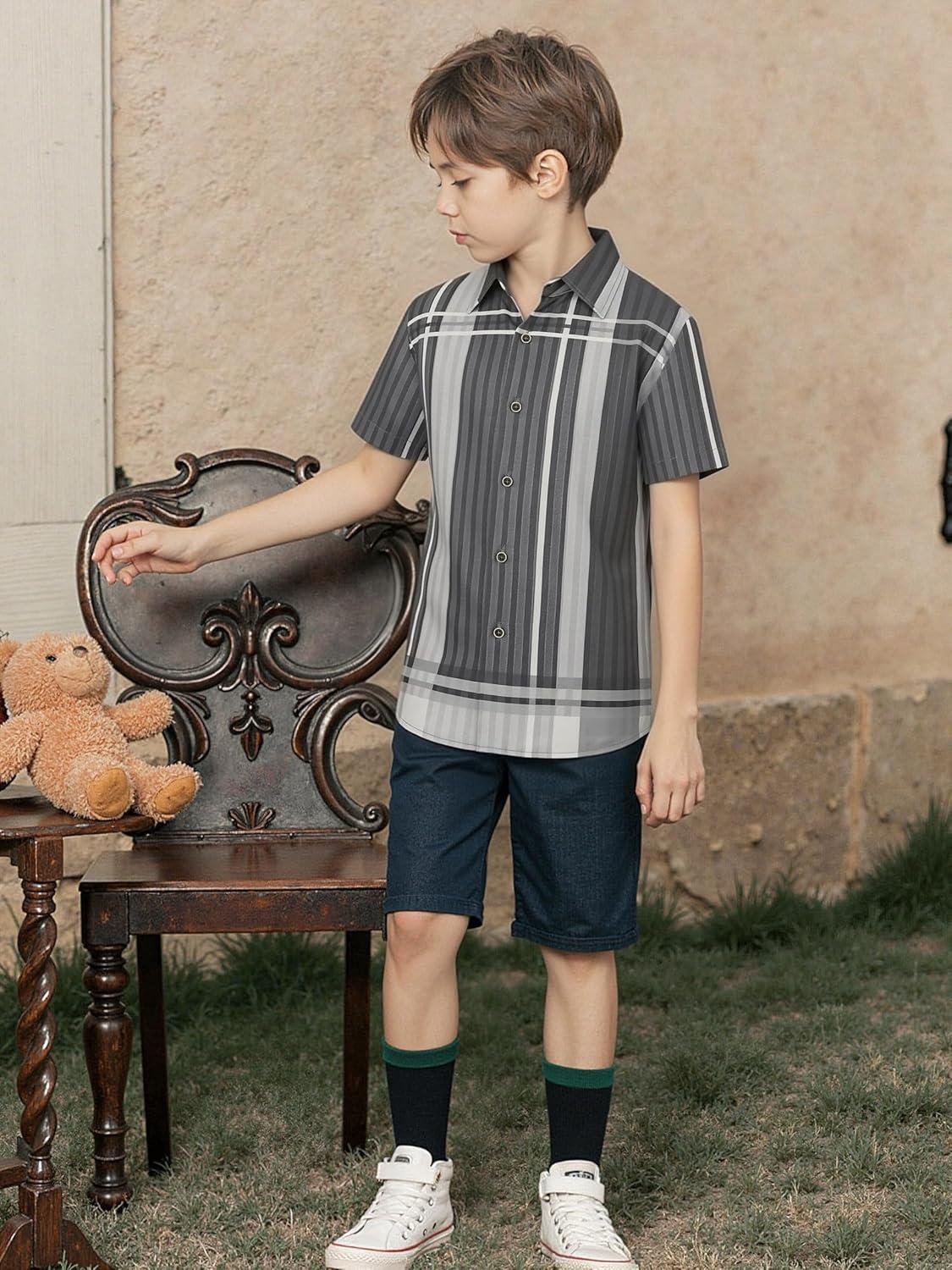 imageAlex Vando Boys Button Down Shirts Short Sleeve Wrinkle Free 4Way Stretch Print Casual ShirtBlackGrey