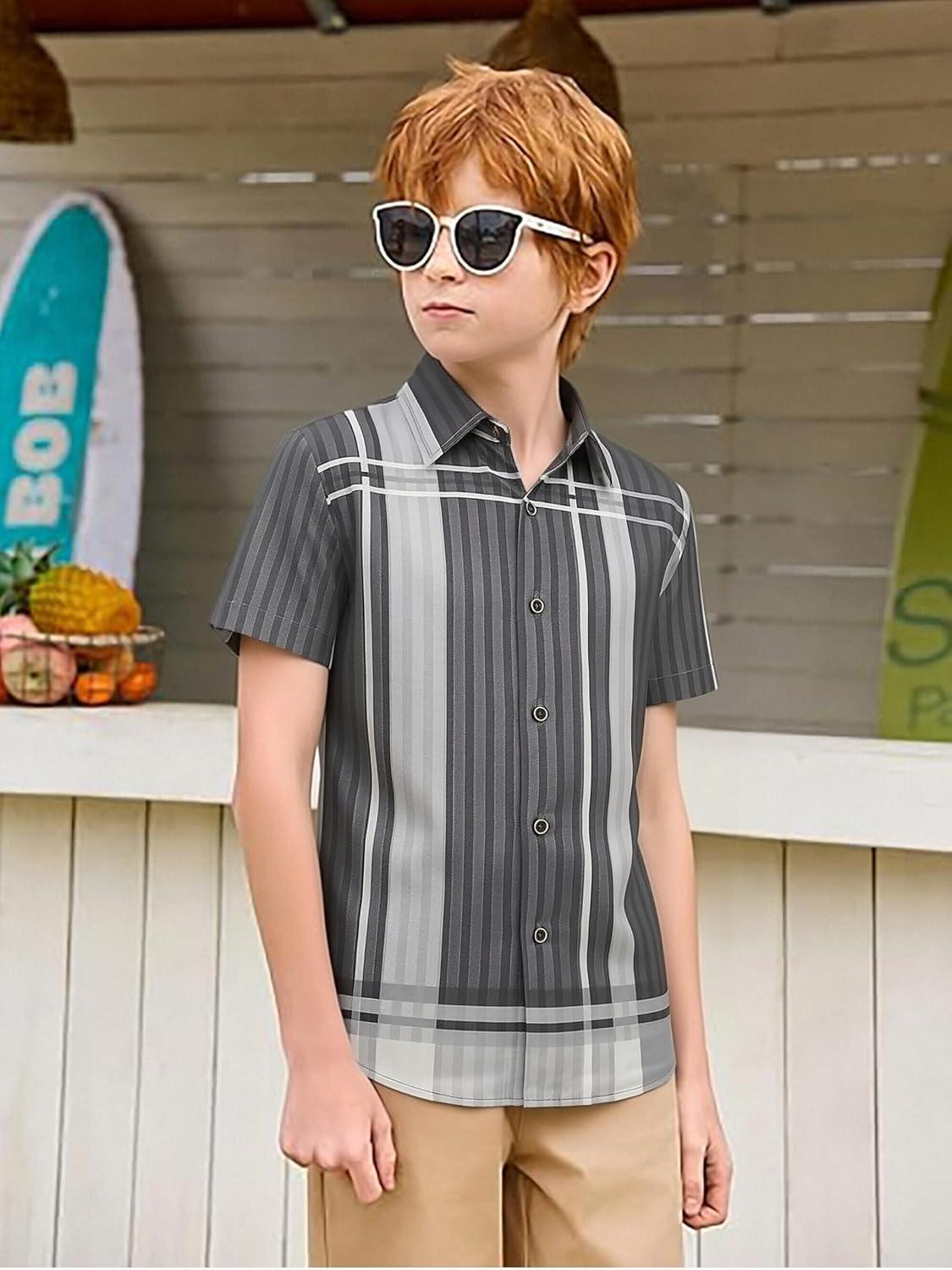 imageAlex Vando Boys Button Down Shirts Short Sleeve Wrinkle Free 4Way Stretch Print Casual ShirtBlackGrey