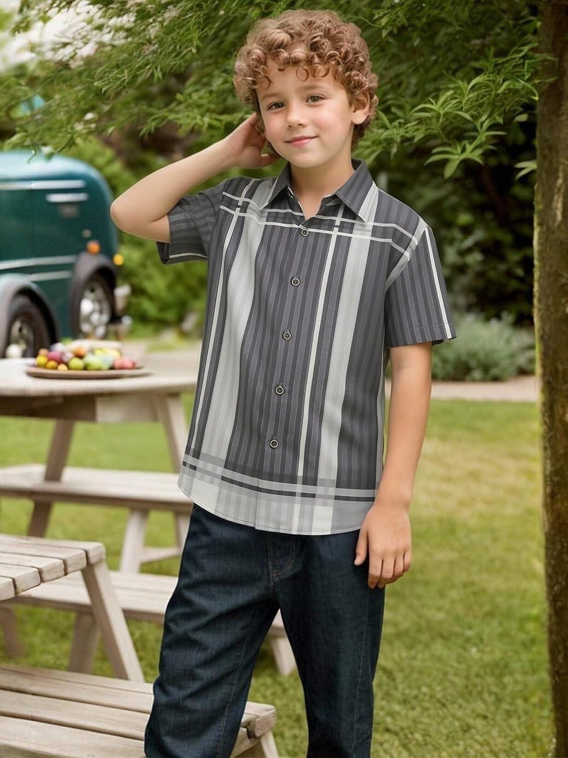 imageAlex Vando Boys Button Down Shirts Short Sleeve Wrinkle Free 4Way Stretch Print Casual ShirtBlackGrey
