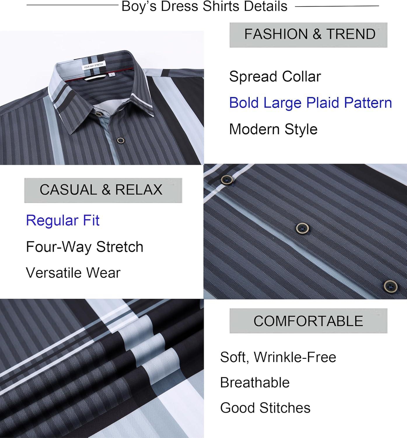 imageAlex Vando Boys Button Down Shirts Short Sleeve Wrinkle Free 4Way Stretch Print Casual ShirtBlackGrey