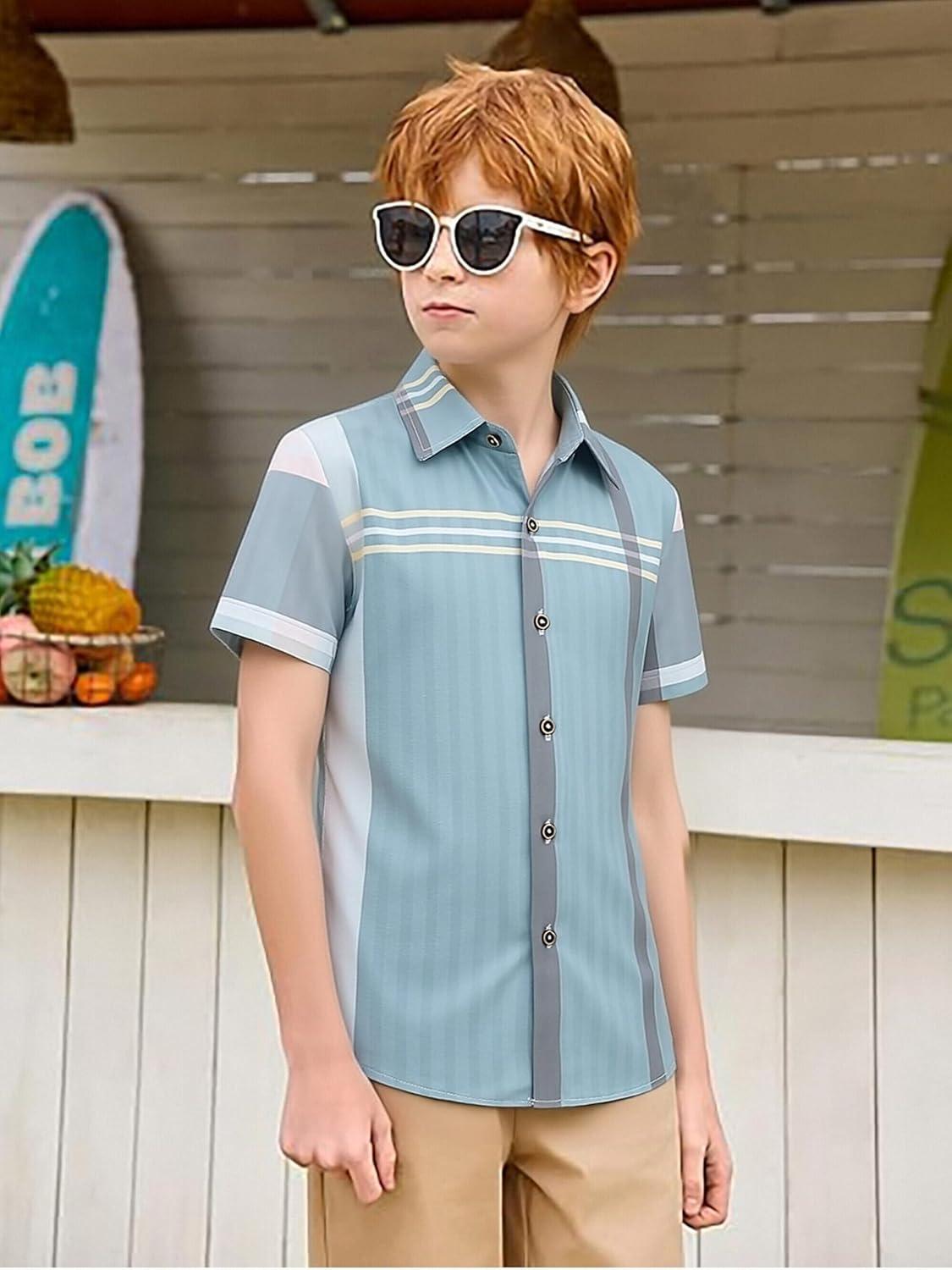 imageAlex Vando Boys Button Down Shirts Short Sleeve Wrinkle Free 4Way Stretch Print Casual ShirtBlueGrey