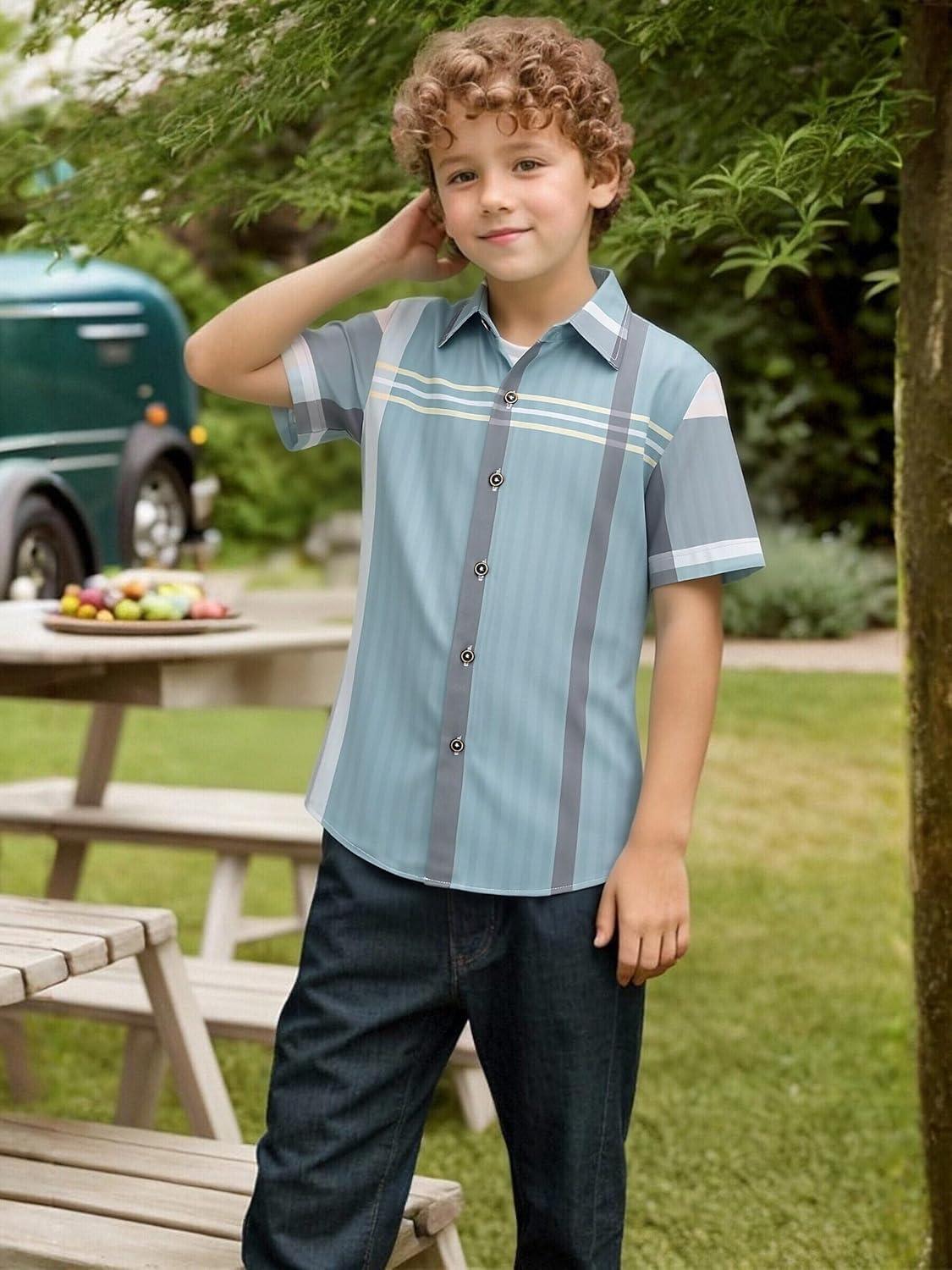 imageAlex Vando Boys Button Down Shirts Short Sleeve Wrinkle Free 4Way Stretch Print Casual ShirtBlueGrey