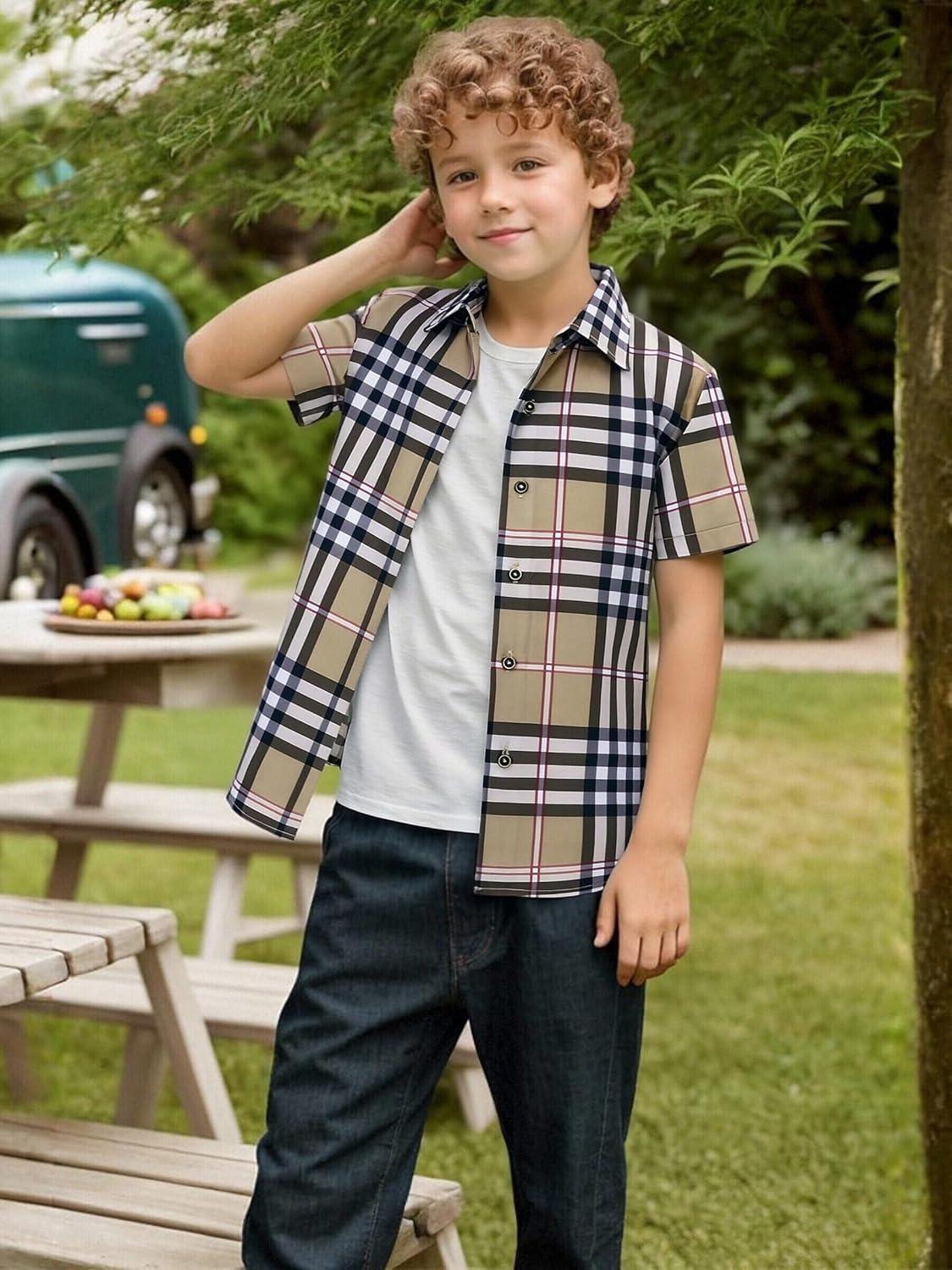 imageAlex Vando Boys Button Down Shirts Short Sleeve Wrinkle Free 4Way Stretch Print Casual ShirtBorwnWhite
