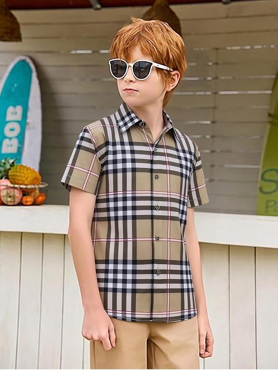 imageAlex Vando Boys Button Down Shirts Short Sleeve Wrinkle Free 4Way Stretch Print Casual ShirtBorwnWhite