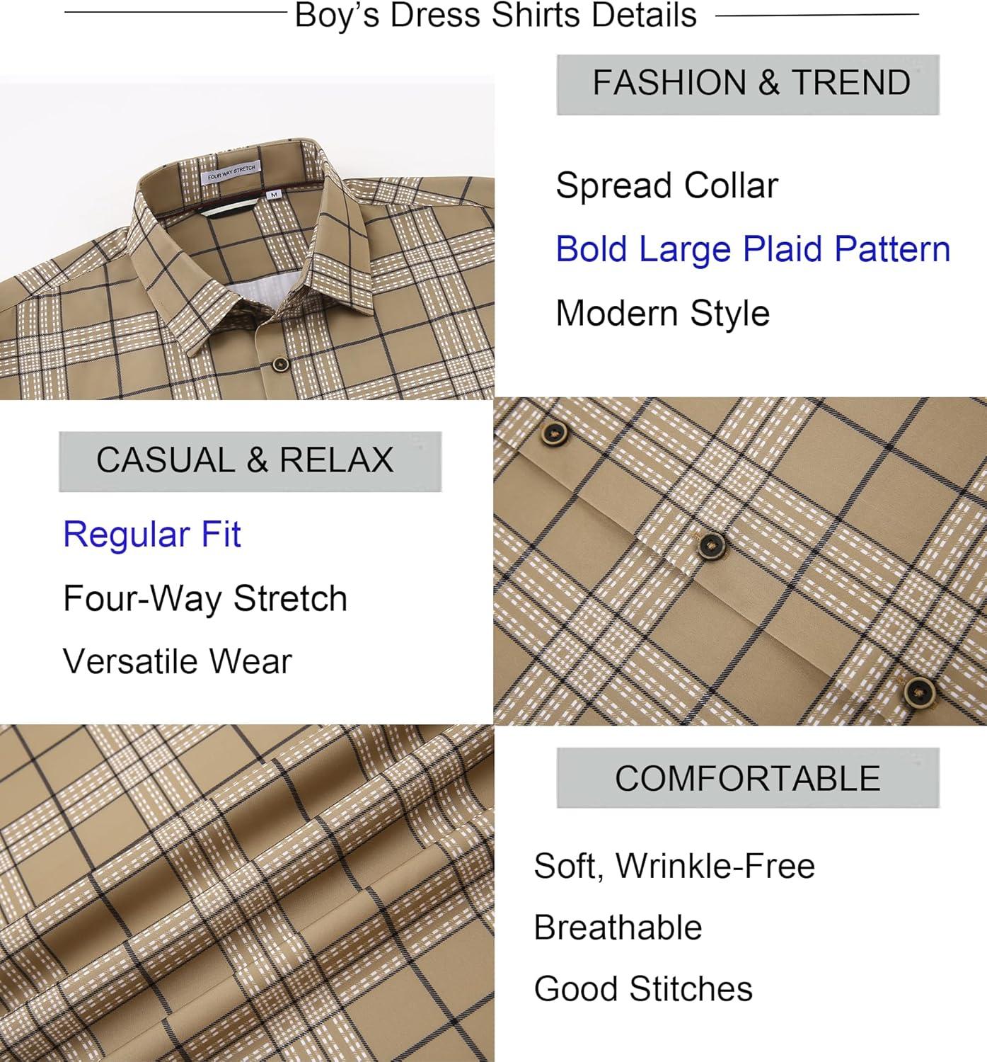 imageAlex Vando Boys Button Down Shirts Short Sleeve Wrinkle Free 4Way Stretch Print Casual ShirtKhaki