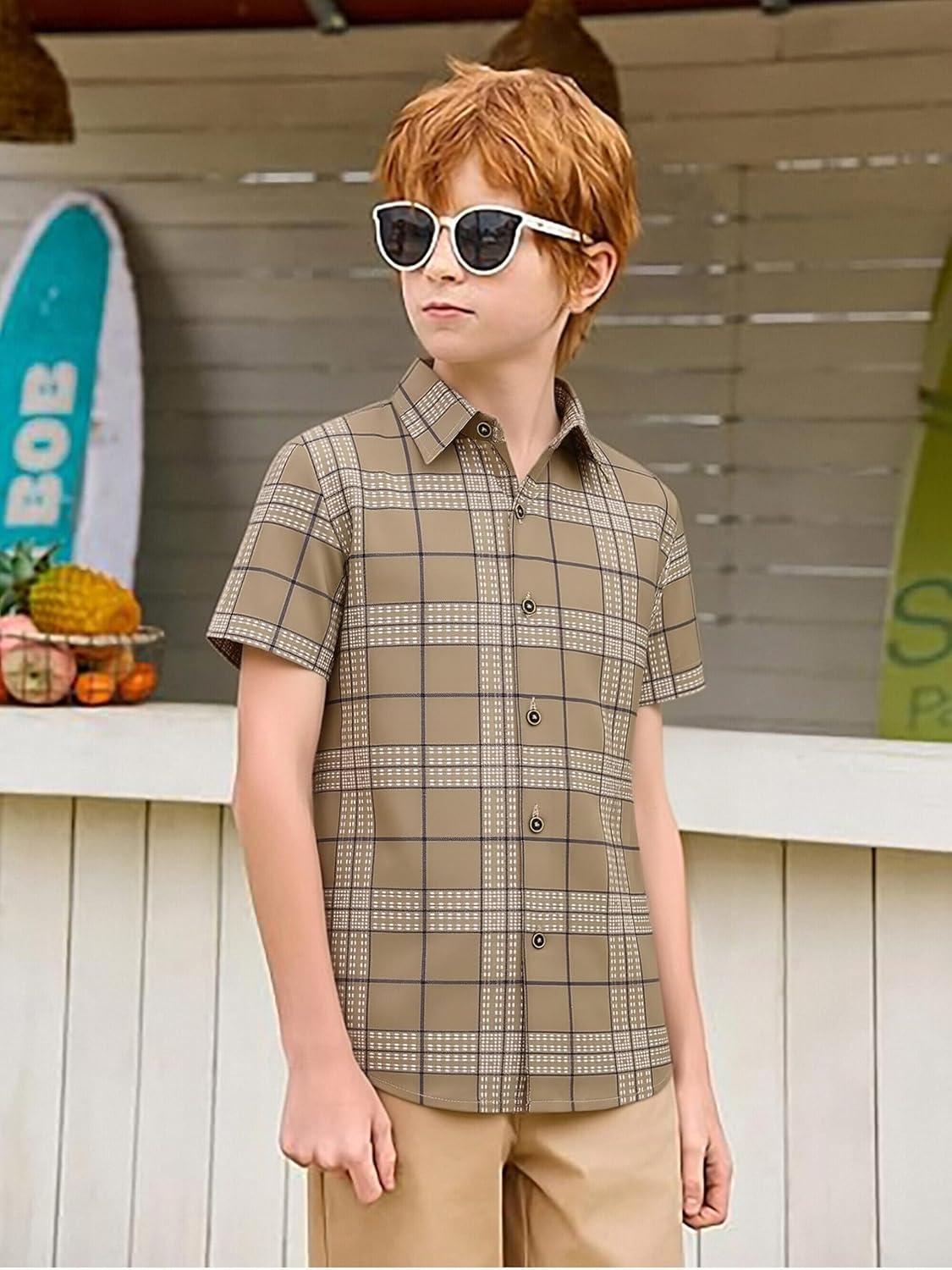 imageAlex Vando Boys Button Down Shirts Short Sleeve Wrinkle Free 4Way Stretch Print Casual ShirtKhaki