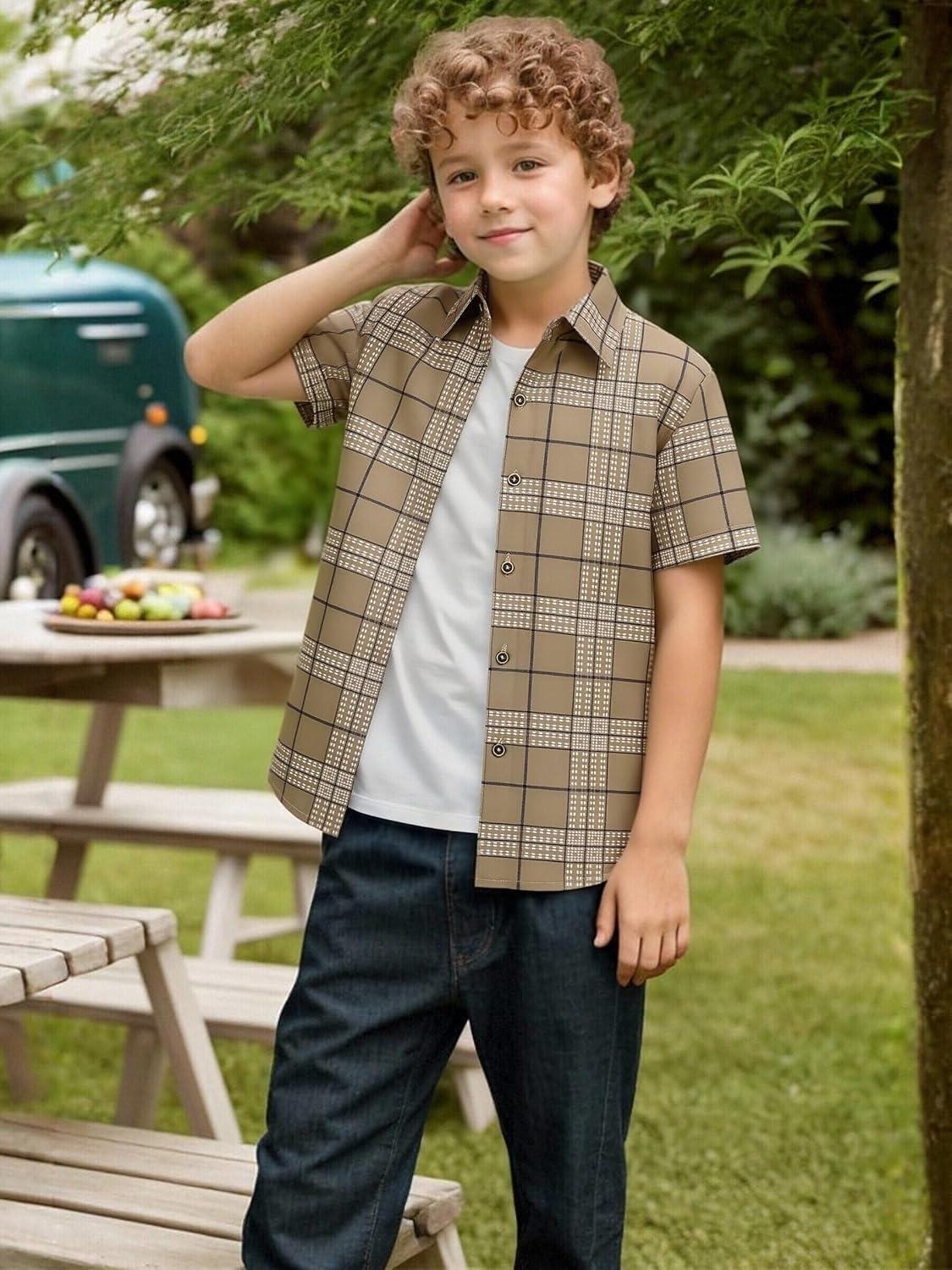 imageAlex Vando Boys Button Down Shirts Short Sleeve Wrinkle Free 4Way Stretch Print Casual ShirtKhaki