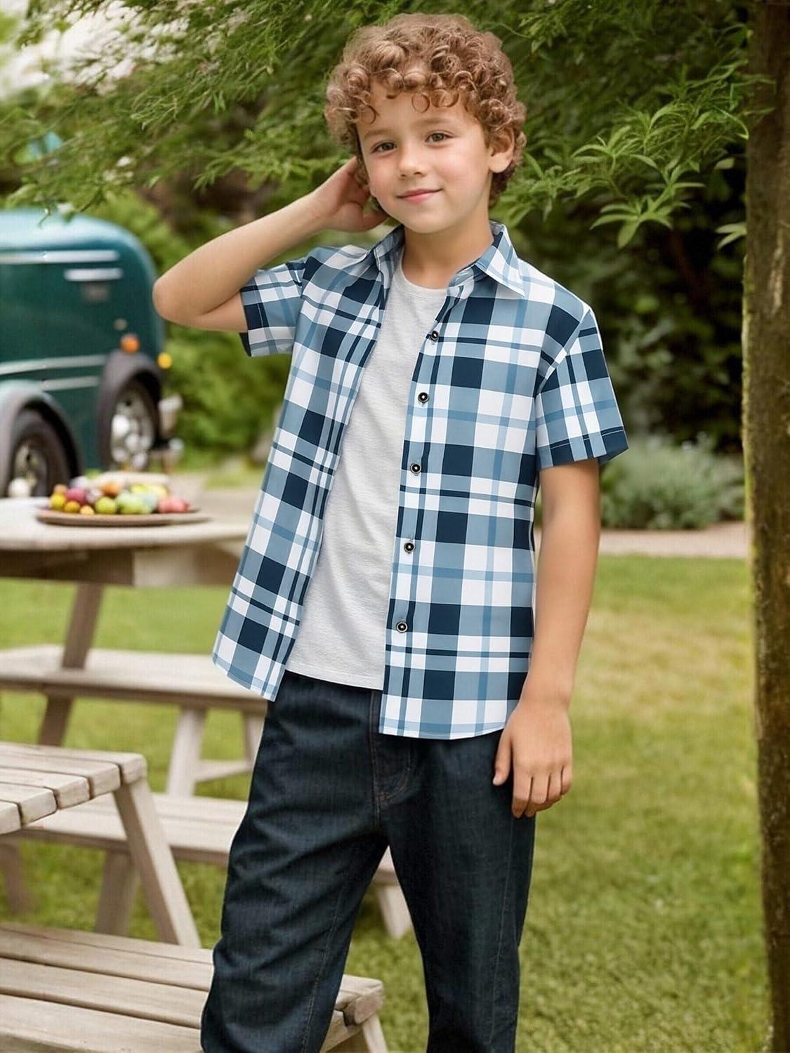 imageAlex Vando Boys Button Down Shirts Short Sleeve Wrinkle Free 4Way Stretch Print Casual ShirtNavy White