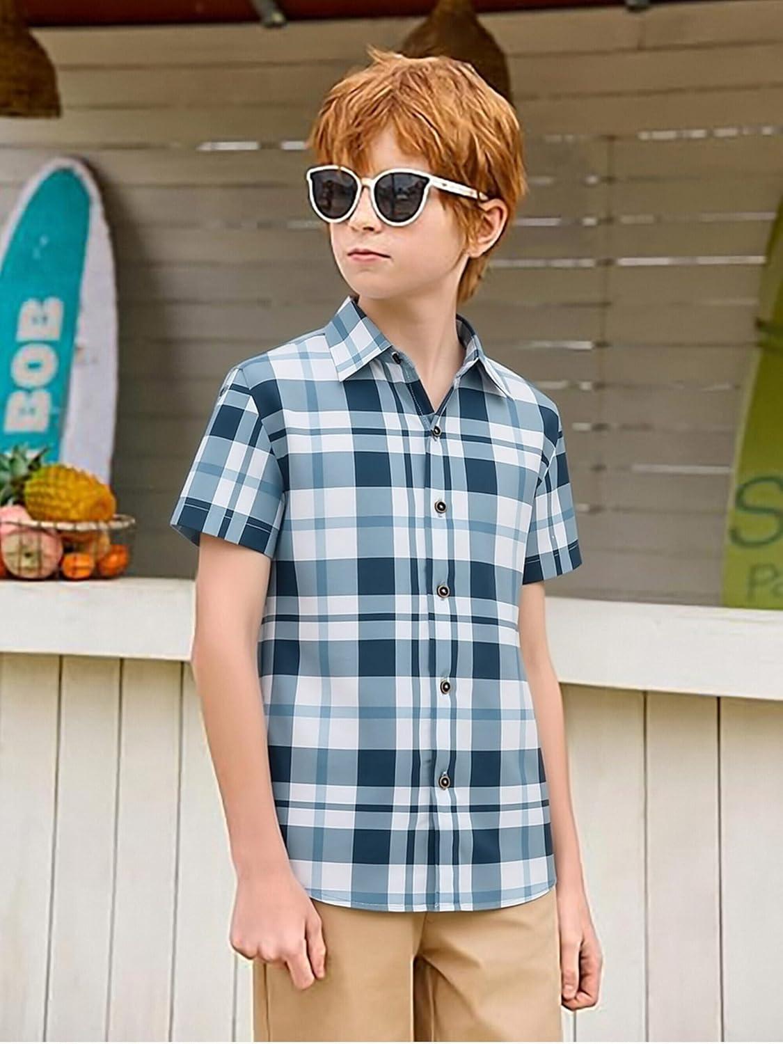 imageAlex Vando Boys Button Down Shirts Short Sleeve Wrinkle Free 4Way Stretch Print Casual ShirtNavy White