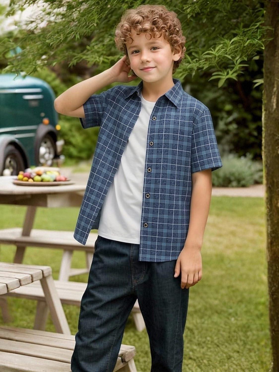 imageAlex Vando Boys Button Down Shirts Short Sleeve Wrinkle Free 4Way Stretch Print Casual ShirtNavy With Print