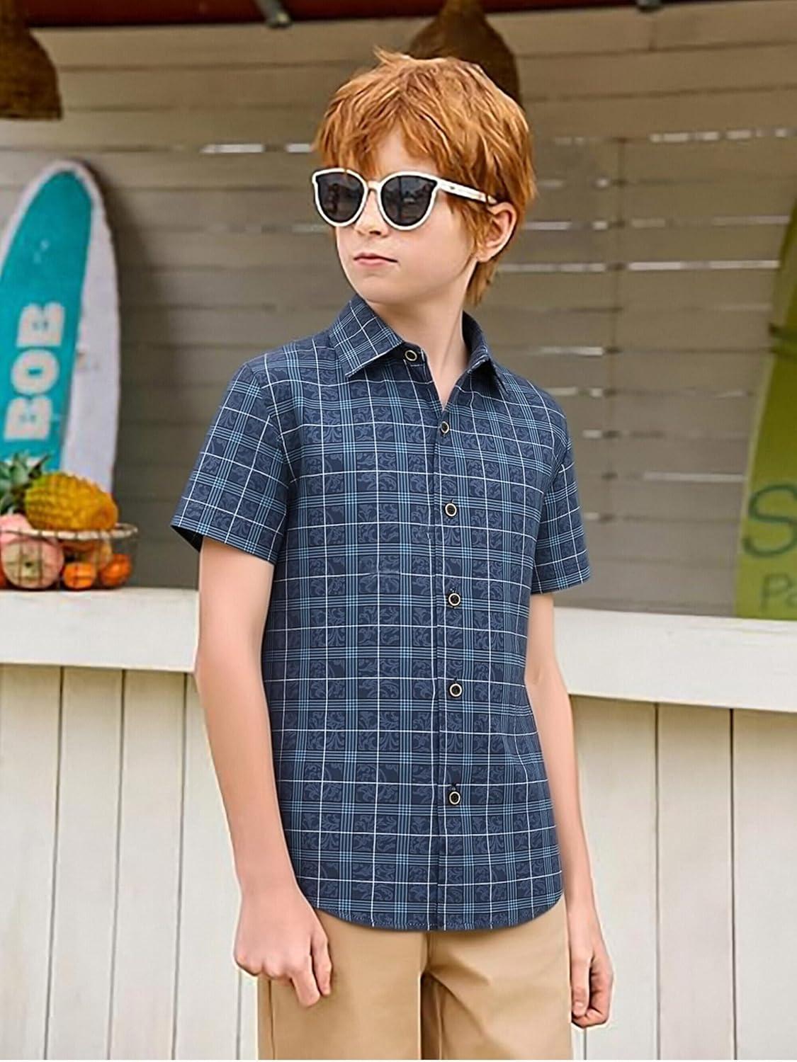 imageAlex Vando Boys Button Down Shirts Short Sleeve Wrinkle Free 4Way Stretch Print Casual ShirtNavy With Print