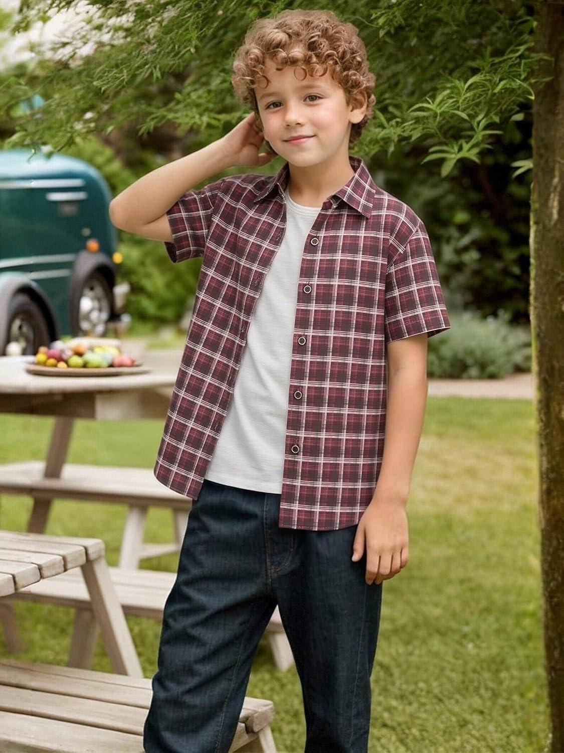 imageAlex Vando Boys Button Down Shirts Short Sleeve Wrinkle Free 4Way Stretch Print Casual ShirtRedBlack