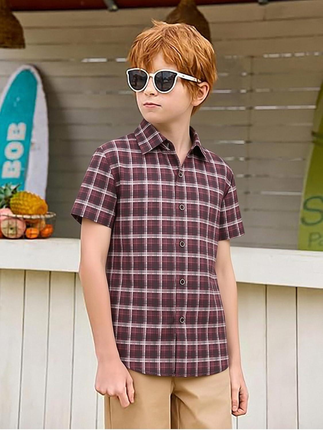 imageAlex Vando Boys Button Down Shirts Short Sleeve Wrinkle Free 4Way Stretch Print Casual ShirtRedBlack