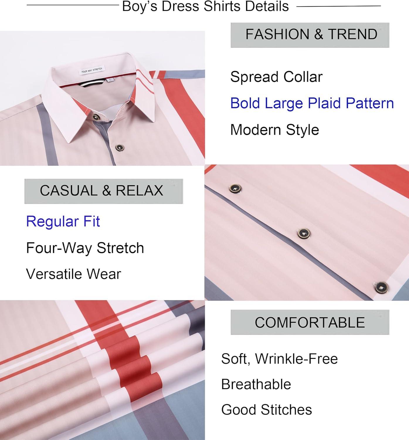 imageAlex Vando Boys Button Down Shirts Short Sleeve Wrinkle Free 4Way Stretch Print Casual ShirtRedGrey